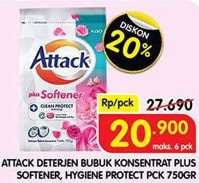 Promo Harga Attack Detergent Powder Plus Softener, Hygiene Plus Protection 800 gr - Superindo