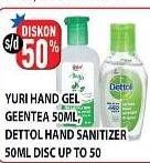 Promo Harga YURI Hand Gel Green Tea 50ml / DETTOL Hand Sanitizer 50ml  - Hypermart