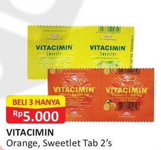 Promo Harga VITACIMIN Vitamin C - 500mg Sweetlets (Tablet Hisap) Orange, Sweetless per 3 sachet 2 pcs - Alfamart