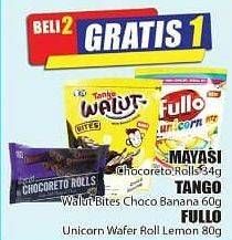 Promo Harga MAYASI Chocoreto Rolls 34 g/TANGO Walut Bites Choco Banana 60 g/FULLO Unicorn Wafer Roll Lemon 80 g  - Hari Hari