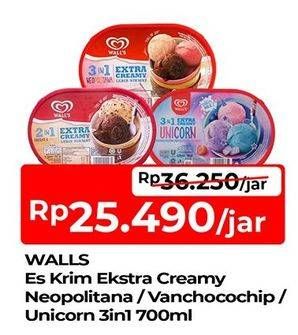 Promo Harga WALLS Ice Cream Neopolitana, Chocolate Vanilla With Chocolate Chip, Unicorn 3 In 1 700 ml - TIP TOP