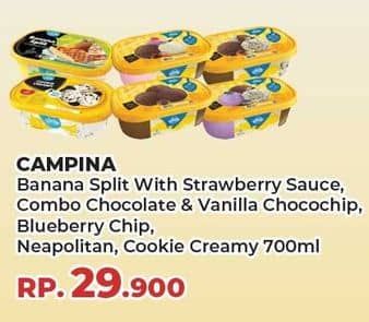 Promo Harga Campina Ice Cream Banana Split, Chocolate Vanilla Choco Chunk, Blueberry Choco Chunk, Neapolitan, Cookie Creamy 700 ml - Yogya