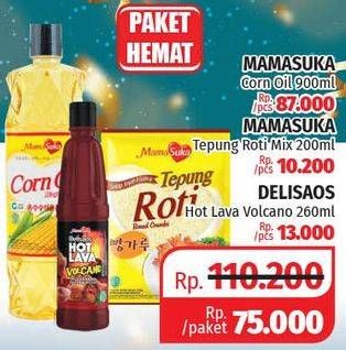 Promo Harga MAMASUKA Corn Oil 900ml + Tepung Roti Mix 200gr + Delisaos Hot Lava Volcano 260 ml  - Lotte Grosir