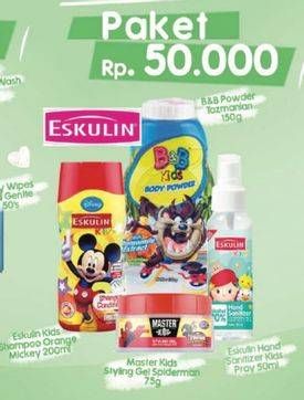Promo Harga ESKULIN Kids Shampoo 200ml + ESKULIN Kids Hand Sanitizer 50ml + MASTER Kids Styling Gel 75gr + B&B KIDS Body Powder 150gr  - LotteMart