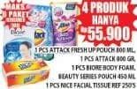 Promo Harga ATTACK Fresh Up 800ml, ATTACK 800gr, BIORE Body Foam Beauty 450ml, NICE Facial Tissue 250s  - Hypermart