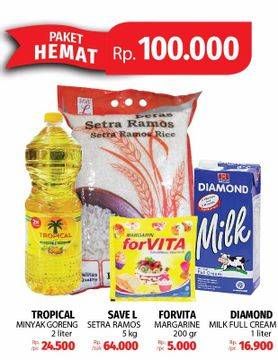 Promo Harga TROPICAL Minyak Goreng 2Ltr + SAVE L Beras Setra Ramos 5Kg + FORVITA Margarine 200gr + DIAMOND Milk 1Ltr  - Lotte Grosir