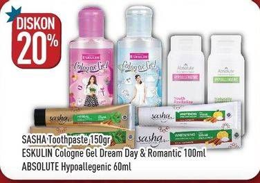 Promo Harga SASHA Toothpaste/ESKULIN Cologne Gel/ABSOLUTE Hypoallergenic Youth Revitalize  - Hypermart