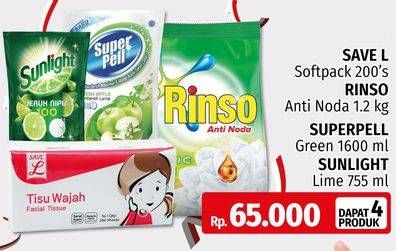 Promo Harga SAVE L Tisu Wajah + RINSO Anti Noda Deterjen Bubuk + SUPER PELL Pembersih Lantai + SUNLIGHT Pencuci Piring   - LotteMart