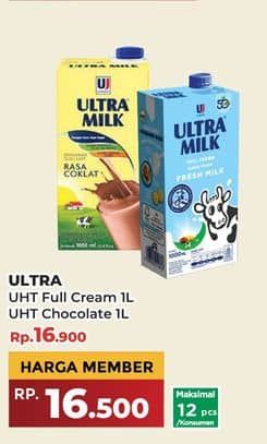 Promo Harga Ultra Milk Susu UHT Coklat, Full Cream 1000 ml - Yogya