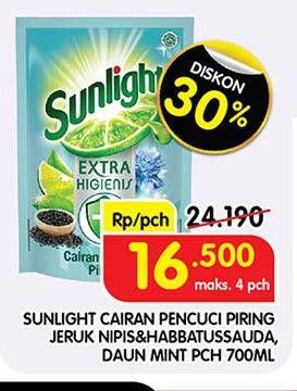 Promo Harga Sunlight Pencuci Piring Jeruk Nipis 100, Higienis Plus With Habbatussauda, Anti Bau With Daun Mint 700 ml - Superindo
