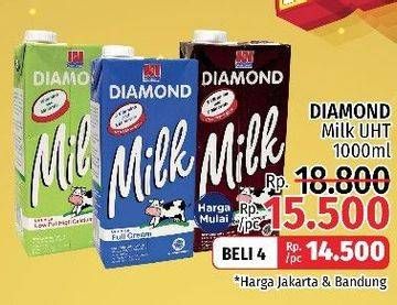 Promo Harga DIAMOND Milk UHT Full Cream, Low Fat High Calcium, Chocolate 1000 ml - LotteMart