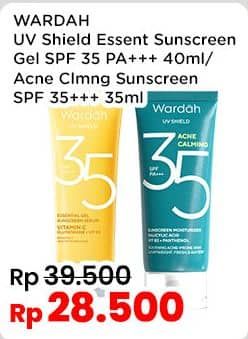 Promo Harga Wardah UV Shield Essential Sunscreen Gel SPF 35 PA+++, Acne Calming Sunscreen Serum SPF50 PA++++ 40 ml - Indomaret