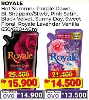 Promo Harga So Klin Royale Parfum Collection Hot Summer, Purple Dawn, Blue Sapphire, Pink Satin, Black Velvet, Sunny Day, Sweet Floral 650 ml - Alfamart