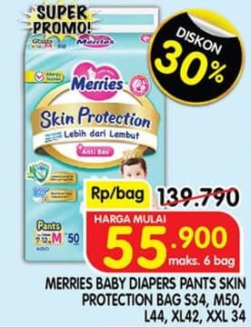 Promo Harga Merries Pants Skin Protection S34, M50, L44, XL42, XXL34 34 pcs - Superindo