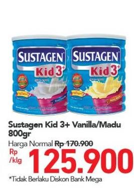 Promo Harga SUSTAGEN Kid 3+ Susu Pertumbuhan Vanilla, Madu 800 gr - Carrefour