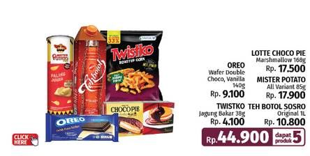 Mister Potato Snack Crisps/Sosro Teh Botol/Twistko Snack Jagung Bakar/Oreo Wafer/Lotte Chocopie Marshmallow