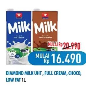 Promo Harga Diamond Milk UHT Full Cream, Chocolate, Low Fat High Calcium 1000 ml - Hypermart
