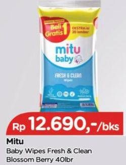 Promo Harga MITU Baby Wipes Fresh & Clean Blue Blossom Berry per 2 pouch 40 pcs - TIP TOP