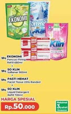 Harga Ekonomi Pencuci Piring + So Klin Softener + Pasti Hemat Facial Tissue + So Klin Liquid Detergent