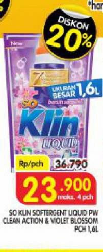 Promo Harga SO KLIN Liquid Detergent + Anti Bacterial Violet Blossom, Power Clean Action 1600 ml - Superindo