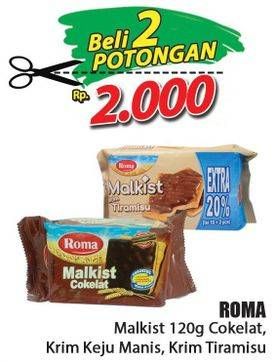 Promo Harga ROMA Malkist Cokelat, Keju Manis, Tiramisu per 2 pcs 120 gr - Hari Hari