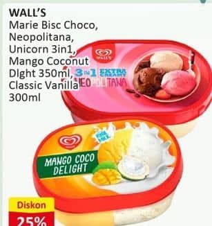 Promo Harga Walls Ice Cream Classic Vanilla, Mango Coco Delight, Marie Chocolate, Neopolitana, Unicorn 3 In 1 300 ml - Alfamart