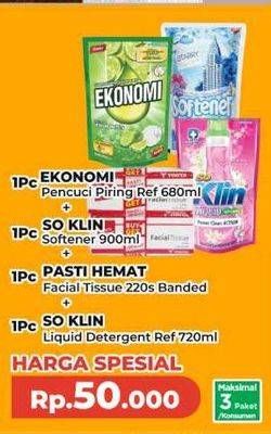 Ekonomi Pencuci Piring + So Klin Softener + Pasti Hemat Facial Tissue + So Klin Liquid Detergent