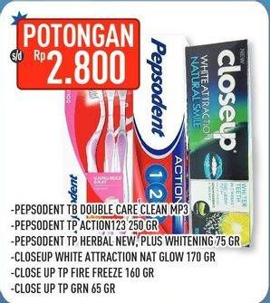 Promo Harga PEPSODENT Sikat Gigi Double Care Clean/Toothpaste Action 123/Toothpaste Herbal/CLOSE UP Pasta Gigi Diamond Attraction White/Fire Freeze  - Hypermart