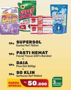 Promo Harga Supersol Karbol + Pasti Hemat Facial Tissue + Daia Detergent + So Klin Softener  - Yogya