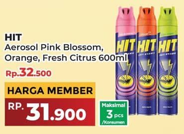 Promo Harga HIT Aerosol Pink Blossom, Orange, Fresh Citrus 600 ml - Yogya