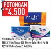 Promo Harga MULTI Facial Tissue 1000gr / TESSA Toilet Tissue PB-16/ Kitchen Towel 3 roll 70s  - Hypermart