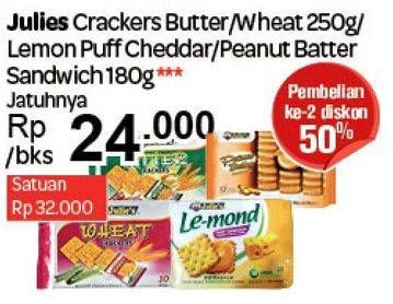 Promo Harga Julies Biskuit Crackers Butter/Wheat/Lemon Puff Cheddar, Peanute Butter  - Carrefour