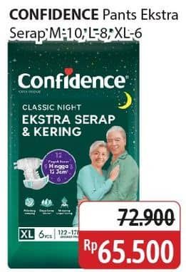 Promo Harga Confidence Adult Classic Night Ekstra Serap & Kering XL6, M8, L7 6 pcs - Alfamidi