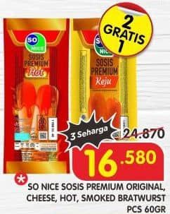 Promo Harga So Nice Sosis Siap Makan Premium Smoked Bratwurst, Original, Keju, Hot 60 gr - Superindo