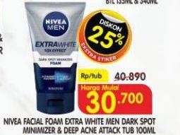 Promo Harga Nivea Men Facial Foam Extra White Dark Spot, Deep Acne Attack 100 ml - Superindo