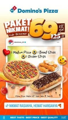 Promo Domino Pizza Kode BKNimat. Dapatkan 1 Medium Pizza, 1 Bread Sticks, 1 Chicken Strips