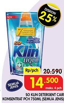 Promo Harga SO KLIN Liquid Detergent + Anti Bacterial Biru 750 ml - Superindo