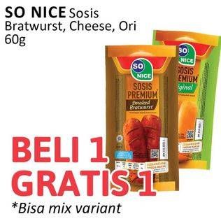 Promo Harga So Nice Sosis Siap Makan Premium Smoked Bratwurst, Original, Keju 60 gr - Alfamidi