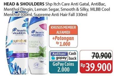 Promo Harga Head & Shoulders Shampoo Eucalyptus Anti Gatal, Cool Menthol, Lemon Fresh, Smooth Silky, Cool Menthol Edisi Mobile Legend, Anti-Hairfall 300 ml - Alfamidi