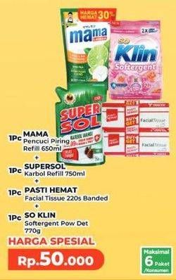 Mama Lemon Pencuci Piring + Supersol Karbol + Pasti Hemat Facia Tissue + So Klin Softergent