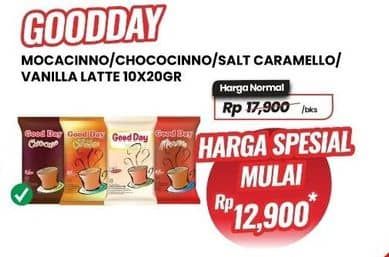 Promo Harga Good Day Instant Coffee 3 in 1 Mocacinno, Chococinno, Rock Salt Caramello, Vanilla Latte per 10 sachet 20 gr - Carrefour