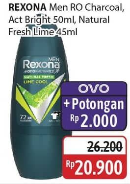 Promo Harga Rexona Men Deo Roll On Charcoal Fresh, Invisible + Antibacterial, Natural Fresh Lime Cool 45 ml - Alfamidi