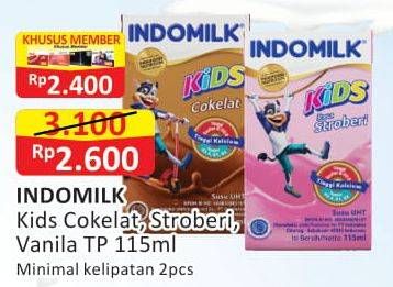 Promo Harga INDOMILK Susu UHT Kids Cokelat, Stroberi, Vanila 115 ml - Alfamart