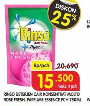 Promo Harga RINSO Anti Noda + Molto Liquid Detergent Rose Fresh, Perfume Essence 750 ml - Superindo