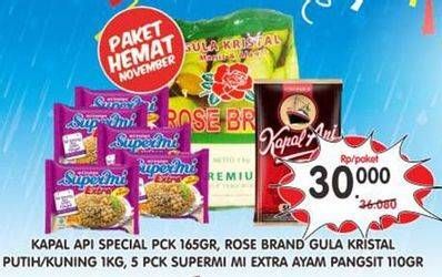 Promo Harga KAPAL API Kopi Special 165g + ROSE BRAND Gula Kristal 1kg + SUPERMI Extra Ayam Pangsit 5s  - Superindo