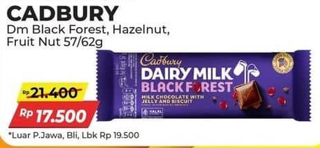 Promo Harga Cadbury Dairy Milk Black Forest, Hazelnut, Fruit Nut 62 gr - Alfamart