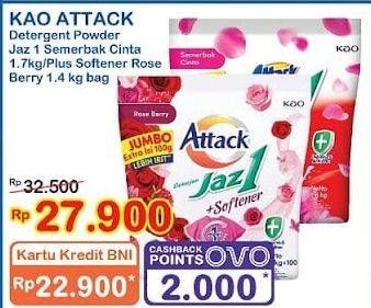 Promo Harga Attack Jaz1 Detergent Powder Semerbak Cinta, +Softener Rose Berry 1400 gr - Indomaret