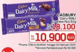 Promo Harga Cadbury Dairy Milk Original, Cashew Nut 62 gr - LotteMart