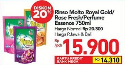 Promo Harga RINSO Anti Noda + Molto Liquid Detergent Royal Gold, Rose Fresh, Perfume Essence 750 ml - Carrefour