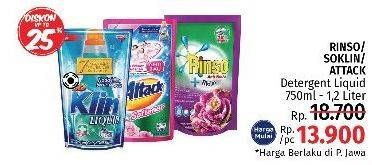 Promo Harga RINSO/SO KLIN/ATTACK Detergent Liquid 750 - 1200ml  - LotteMart